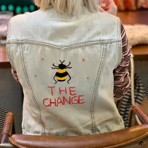 GirlyGrrlStyle Jackets & Blazers - Hand Embroidered Be The Change Distressed Bee Vest